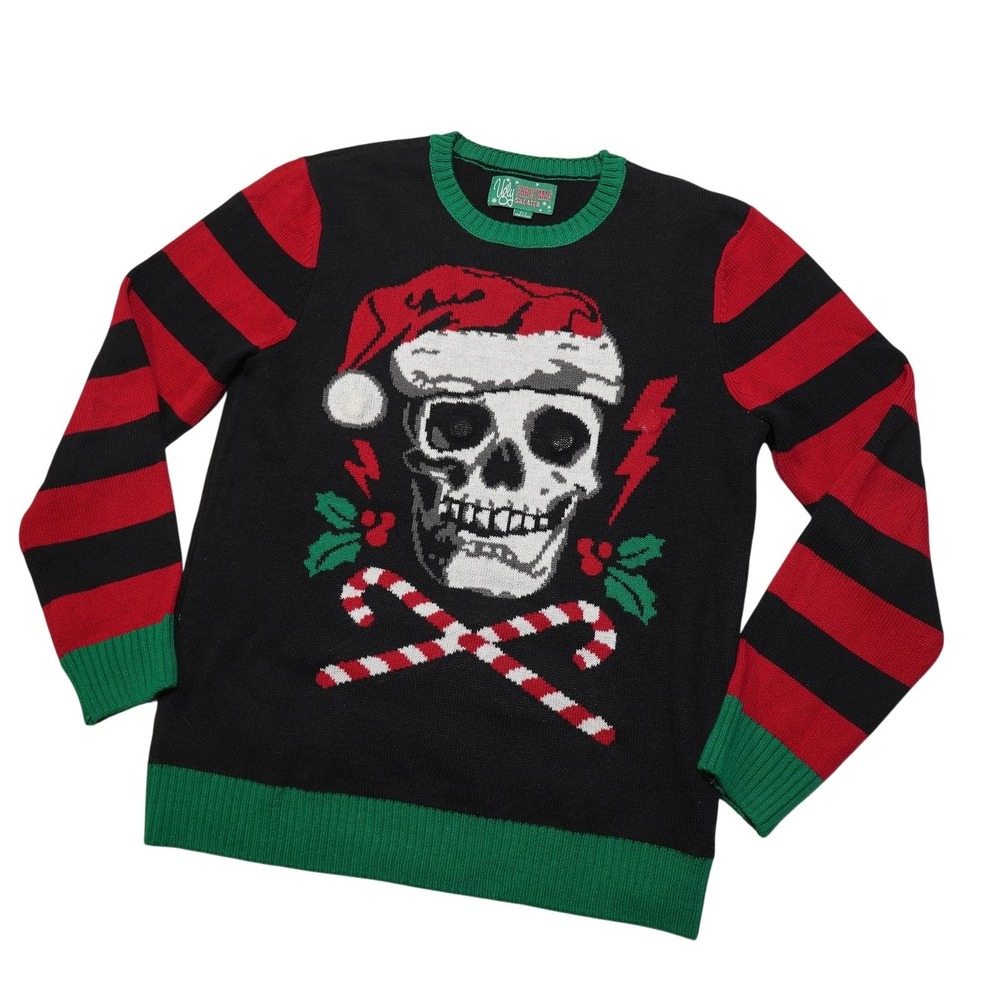 Ugly Christmas Sweater Mens L Black Skull Santa Candy Cane Crewneck Pullover